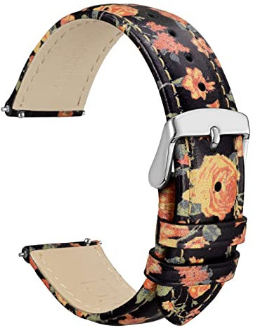 WOCCI 22mm Fleurs Bracelet de Montre pour Femme, Cuir Véritable, Bande à Dégagement Rapide, Boucle Argentée (Rose Rouge-Jaune)