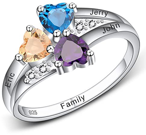 INBLUE Personalisierter Damen Ringe mit Geburtssteinen & Namen, Gravierbarer Mama Ring/Oma Ring mit Geburtssteinen, Ring mit Buchstaben, Personalisierter Schmuck Geschenk zum Muttertag(B3,62)