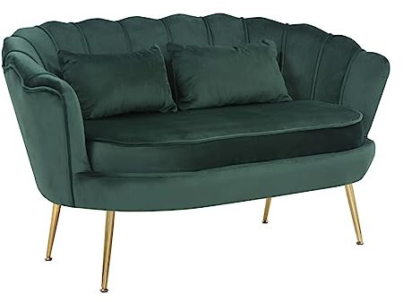 Scalloped Velvet Love Seat Sofa Chair with Gold Metal Feet - Elegant 2 Seater Shell Chair for Bedroom, Small 2 Seater Sofa for Living Room, Modern Mini Couch - Bottle Green DAISY