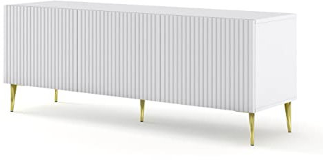 BIM Furniture TV-Schrank Ravenna B 150 cm 3D mit gefräster Front Hochwertiges MDF Metallbeine Lowboard Schrank Sideboard Kommode Fernsehtisch (Weiße Matte, goldene Beine)