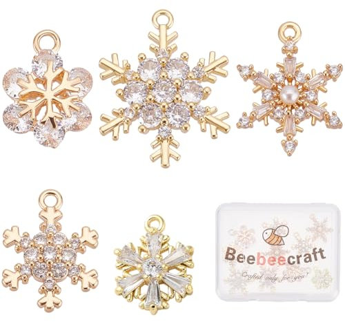 Beebeecraft 10 Stück 5 Stil Kubikzirkonia Schneeflocke Charms 18 Karat Vergoldete Schneeflocke Winter Charms Anhänger Weihnachten DIY Dekoration Charms Für Die Schmuckherstellung