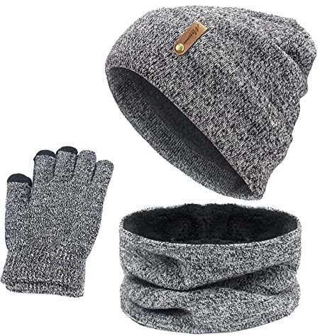 Mutze Schal Set Damen Blau, Wintermütze Schal und Touchscreen Handschuh Set, Gestrickte Pom Pom Dicke Beanie Mütze Fleece Gefütterte Warme Mütze Schal Handschuh Set für Frauen Täglich Ski Outdoor