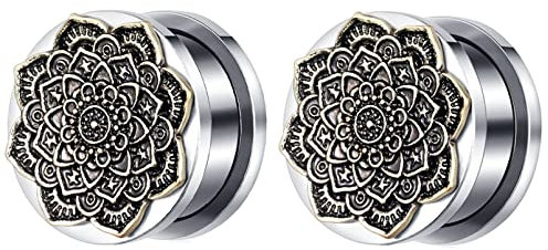 Homxi 2er Tunnel 16mm Dehnen,Edelstahl Ohr Plugs 5/8 inch Ohrringe Tunnel Mandala Blume Tunnel Piercing Set Gold Silber
