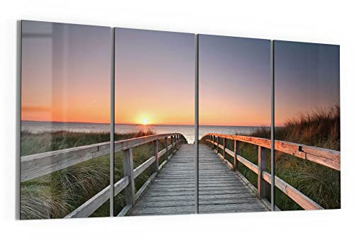 DEQORI Glasbilder Echtglas | Motiv Strandpfad in Abendsonne | horizontal 4-teilig 120x60 cm | große XXL Deko | Wandbilder für Wohnzimmer, Schlafzimmer, Flur & Küche | moderne Wanddeko