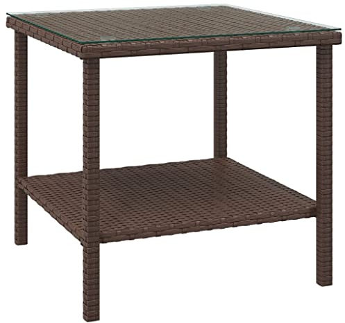 vidaXL Beistelltisch, Tisch mit pulverbeschichtetem Stahlrahmen, Couchtisch für Außenbereich Innenbereich, Gartentisch Terrassentisch, Braun Poly Rattan Hartglas