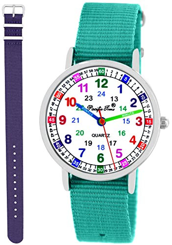 Pacific Time Kinder Armbanduhr Mädchen Jungen Lernuhr Kinderuhr Set 2 Textil Armband türkis + violett analog Quarz 11122