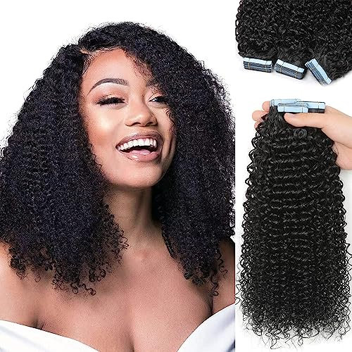 Hotlulana Tape in Extensions Echthaar 60pcs 150g Tape Kinky Curly Double Sided Skin Weft Real Human Hair Extensions 22zoll(55cm) for Black Women Natur Schwarz Curly Remy Hair Nahtlose Wellen