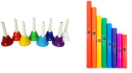 A-Star Coloured Metal Diatonic Hand Bells Set of 8 Notes, Educational Percussion Musical Instruments for Children & Mad About MT-D-8 Tuned Percussion Tube Set C Major Diatonic Scale Set, 8 Notes