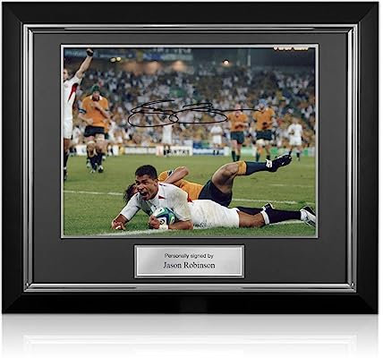 Exclusive Memorabilia Jason Robinson Signed England Rugby Photo: World Cup Final Try. Deluxe Frame