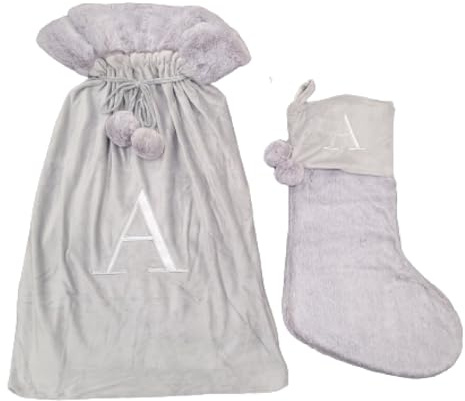 Celebright Matching Christmas Sack and Stocking Set with Embroidered Letter 'A' - Festive Holiday Décor for a Memorable Celebration - Faux Fur - Grey