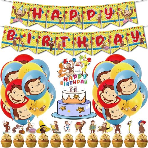 Curious Monkey Neugieriger Affe Geburtstagsparty Dekoration Ballon Set für Jungen Kinder Mädchen, mit Banner und Kuchen Topper