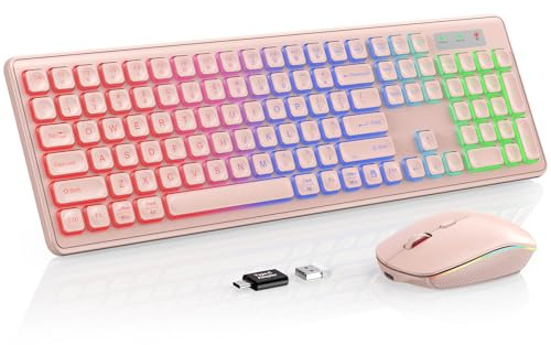 Wireless Keyboard and Mouse Combo - RGB Backlit, Rechargeable & Light Up Letters, Full-Size, Ergonomic Tilt Angle, Sleep Mode, 2.4GHz Quiet Keyboard Mouse for Mac, Windows, Laptop, PC, Trueque, Pink