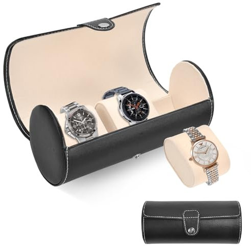 DIKEBAO Scatola per Orologio Cilindrico in Pelle Porta Orologi da Viaggio per 3 Orologi Scatola da Esposizione per Orologio Organizer per Orologi Porta Orologio da Polso per Riporre Orologi, Nero