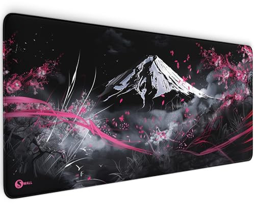 Gaming Mauspad XXL - 4 mm Premium-Dicke, Ultra-Glatte Oberfläche, Mousepad mit vernähten Rändern, rutschfest - stylisch & langlebig für Dein Gaming Setup (Japanese Mountain Sakura, 900 x 400 x 4 mm)