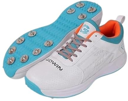 KNK Gowin Tyro Metal Spike Cricket Shoe for Outdoor and Field Sports with All Round Performance (White/Island Blue, US Footwear Size System, Adult, Men, Numeric, Medium, 10)
