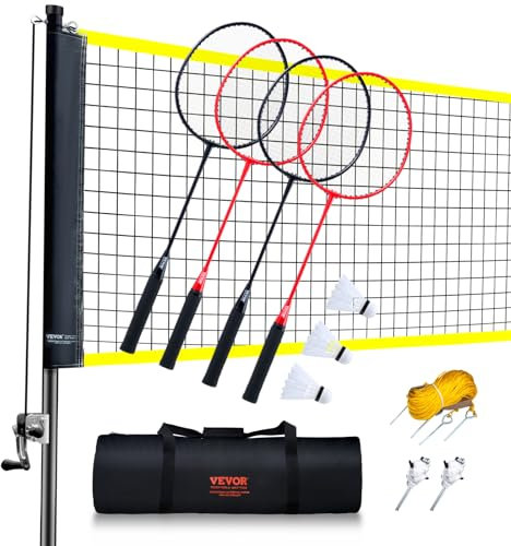 VEVOR Badmintonnetz-Set, Badmintonnetz für den Außenbereich im Hinterhof, Strandpark, Badmintonnetz für Erwachsene & Kinder mit Stangen, Tragetasche, 4 Eisenschlägern und 3 Nylon-Federbällen, Schwarz