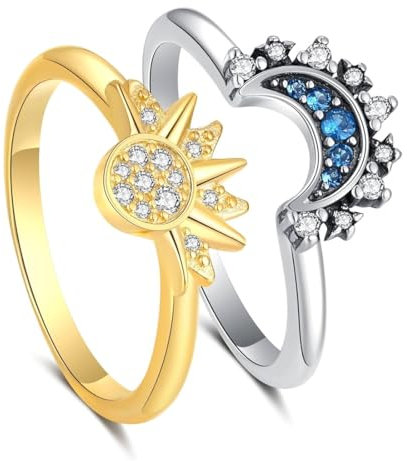 BHIPKOT 2 pieces Ring Set Sun and Moon Friendship Rings Gold Rings with Cubic Zirconia Silver Adjustable Open Promise Matching Rings For Women