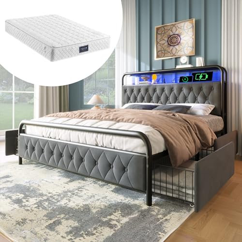 Kayan Polsterbett 160x200 mit LED und USB, Doppelbett mit 4 Stauraum Schubladen, Polster Kopfteil mit Regal, Stauraumbett Metallbett Jugendbett Bettgestell, Samtstoff (Grau, Mit Matratze, 160×200 cm)