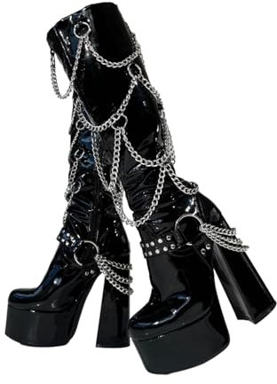 Frankie Hsu Goth Sexy Chunky Platform Stivali con tacco alto, nero vernice argento multi catena rivetti fibbia gotico, punk Y2K Hot Girl Big Large Size Wide Vitello scarpe per donne uomini, Nero , 37