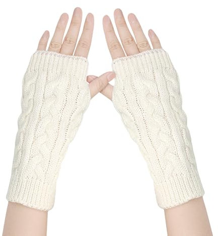 Andiker Fingerlose Winterhandschuhe für Damen, Gestrickte Armwärmer mit Daumenloch, Weiche Handgelenk Halbfingerhandschuhe (Weiß)