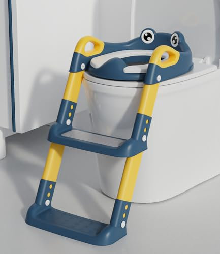 Toilettensitz Kinder mit Treppe, Toilettentrainer für Kinder, WC Sitz mit PU Gepolsterter, Höhenverstellbar und Faltbar, Rutschfest mit Spritzschutz Toilettenaufsatz Kinder(Blue)
