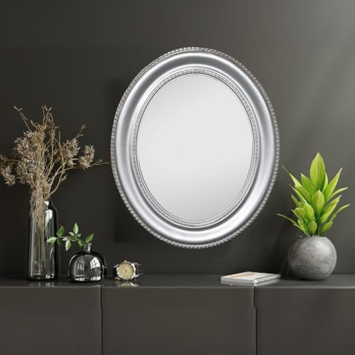 LEBENSwohnART Romantischer Spiegel Nerina 60x50cm antik-Silber oval Holzrahmen Barockspiegel Wandspiegel