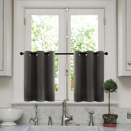 Skcess 2PCS Gardienen Dunkelgrau, Polyester Verdunkelungs-Vorhang Doppelseitiges, Einfarbiges Muster Gardinen Kurz 107X137CM
