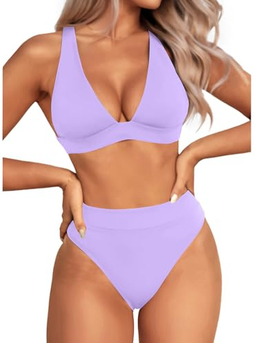 Yonique Thong Bikini Set High Waisted Two Piece Swimsuit High Cut Bikini V Neck Bathing Suit, Lavender, S