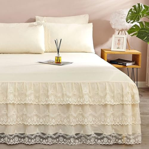 AMDXD Bett Volant 180x220cm Faltbar, Spitze Bettrock Rüschen mit Kräuseln Einfarbig Beige Faltenresistent und Ausbleichen, Polyester Spannbetttuch für Boxspringbett & Wasserbett