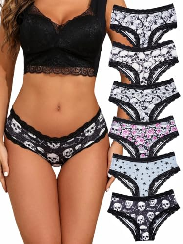 Morvia 6 Stück Damen-Unterwäsche, Gothic, sexy, Halloween, Totenköpfe, Rosen, Allover-Druck, kontrastierende Spitze, Hipster-Höschen