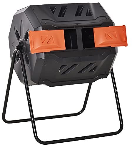 Outsunny 160L Tumbling Compost Bin Outdoor Dual Chamber 360° Rotating Composter, Garden Compost Bin w/Sliding Doors & Solid Steel Frame, Orange