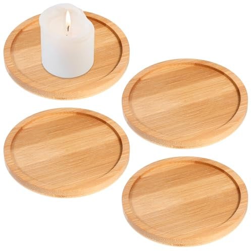 Rustic Bamboo Tray Candle Holder 4 Pack Wooden Decorative Tray Round Wood Tray Home Decor Vintage Centerpiece Candle Holder for Pillar Scented Ball Candles Table Decor - 3.5 Inch Bamboo Wood Color