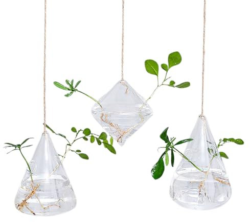 UIYIHIF Lot de 3 Jardinières Hydroponiques Suspendues en Verre avec Corde, Jardinières Suspendues, Vases Muraux de Terrarium en Verre, Pots de Fleurs Suspendus pour Balcon Intérieur,