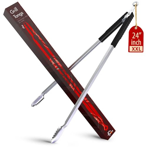 Grillzange, 61 cm, 100 % Edelstahl, lange Metall-Grillzange für Outdoor-Grill, rutschfester Griff, Verriegelungsmechanismus, hitzebeständig, Pinzas de Cocina für Steak, Hot Dog und mehr