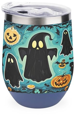 JTREWBV Verre à vin isotherme en acier inoxydable avec couvercle, motif fantôme noir, tasse de voyage isotherme pour garder le café et les boissons froides et chaudes