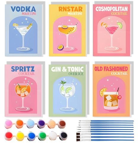 Malen Nach Zahlen Erwachsene, Malen nach Zahlen Set, Cocktail-Kollektion, 6 Stück, 15 x 20 cm, Moderne Bar-Mixologie Kunst Serie (Rahmenlos, #052-6-teiliges Cocktail-Set （15 * 20cm)）