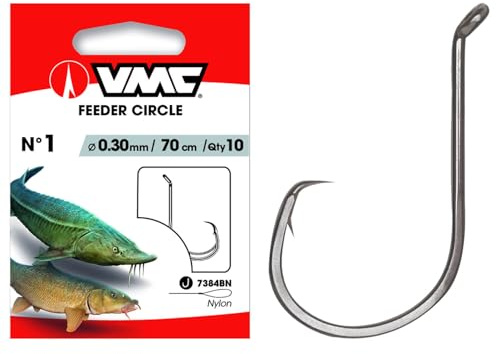 VMC 7384 Feeder Circle Haken mit Vorfach 70cm - Gebundene Angelhaken Schwarz aus Carbonstahl, Vorfachhaken für Feederangeln auf Stör & Barbe, Circle Hook für schonendes Catch & Release, 10 Stück