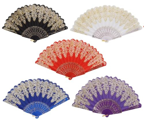 GIGGSKZE Chinesischer Handfächer mit goldfarbenem Glitzer, für Damen und Mädchen, faltbar, für Party, Hochzeit, Kirche, Tanzen (5, 5 verschiedene Farben)