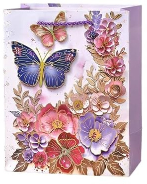 DWUENT 18x23cm Foiled Butterfly Gift Bags - Large Purple & Pink Present Totes with Floral Art (55g)