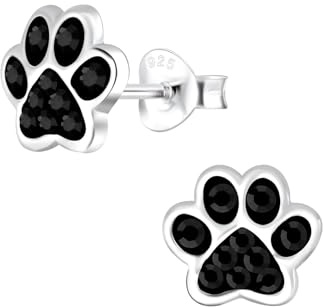 Monkimau Mädchen Ohrringe Paw Print - Jet | Ohrstecker aus 925 Sterling Silber | Kinderohrringe hypoallergen
