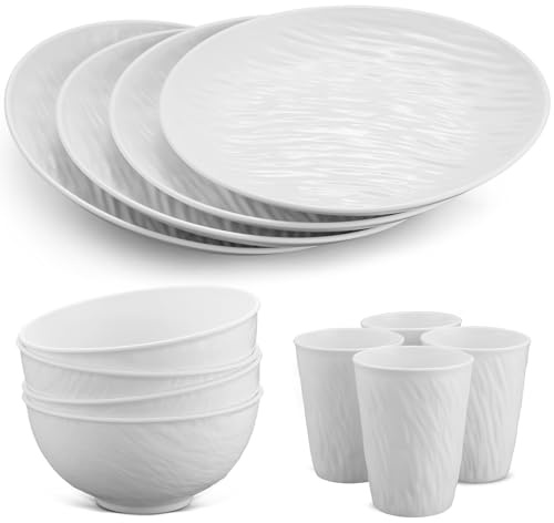 HOMGEN Juego de platos y cuencos de plástico, juego de vajilla irrompible, 12 piezas, platos reutilizables, tazas de 11 onzas, platos llanos aptos para microondas y lavavajillas, servicio de vajilla