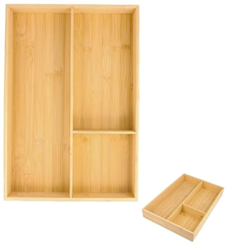 QINGZY Portaposate da Cassetto Legno,43x30x6 cm 3 Scomparti Organizer per Posate,Scatola Portaposate Legno,Divisori per Cassetti Posate,Vassoio Portaposate in Bambù per Cassetti da Cucina