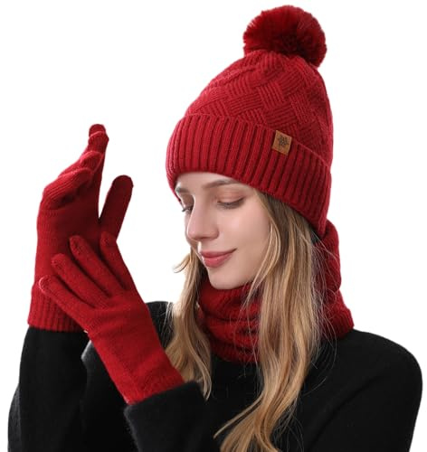 MAZELIKEHOOD Hat Scarf Gloves Set for Women 3Pcs Winter Warm Knitted Beanie Hat Ladies Gloves Scarf Neck Warmer 3 in 1 Cold Weather Set