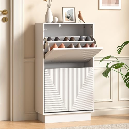 UEV Slim Shoe Cabinet with 2 Flip Drawers, Carved Line Fronts, Narrow Storage Unit with Anti-Tip Design for Hallway, Entryway or Living Room, White