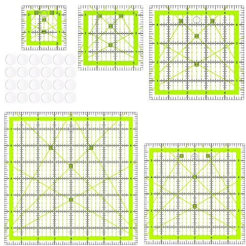 Evadollina 5 Stück Quilt Lineal, Geodreieck Groß, Patchwork Lineal und 24 Anti-Rutsch-Aufkleber, Gelb Nählineal, für Den Mehrfachgebrauch (2,5/3,5/5/6/8 Zoll)