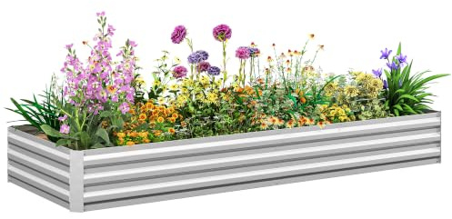 Outsunny Jardinera Exterior Grande Rectangular Acero 241x90,5x30 cm Plata | Galvanizado Resistente a la Intemperie, Huerto Urbano para Cultivar Plantas, Macetas Exterior Grandes, Base Abierta