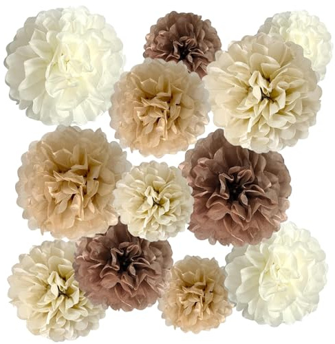 ZooYoo 12 Stück Braun und Weiß Hängende Seidenpapier Pompons-Boho- Partydeko Geburtstag,Babyparty,-3 Farben à 25cm,30cm