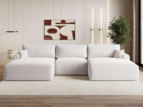 GRAINGOLD Serene U Ecksofa mit Schlaffunktion & Bettkasten 391x145 cm, U-Form Sofa mit Stauraum, Schlafcouch für Wohnzimmer, Velvet-Stoff, 5-Sitzer Wohnlandschaft, Modernes Design (Grau)
