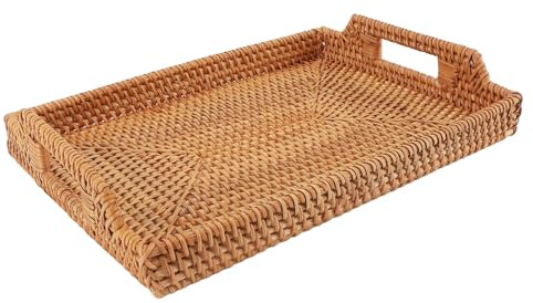 Vassoio da portata in vimini Vassoio da portata rettangolare in rattan intrecciato a mano con manici per colazione, bevande, snack, tavolino da pranzo