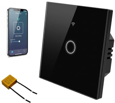 WIFI Smart Touch Light Switch, Touch Wall Switch 1 Gang 1 Way with Tempered Glass Panel and LED Backlight, White Single Light Switch Compatible with Alexa Google Home Tuya No Neutral Wire
